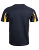A black and yellow short-sleeved T-shirt with a sporty design and a logo on the back.