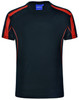 A black short-sleeve T-shirt with red accents and a logo on the neckline. 