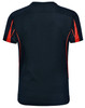 A black T-shirt with red accents, featuring a logo. It has short sleeves and a classic fit.