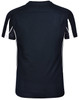 A black short-sleeved T-shirt with white accents and a logo on the back.