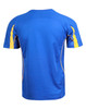 A blue and yellow children's short-sleeve T-shirt with a sporty design and branding on the back.