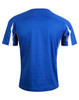 A blue kids' T-shirt featuring white accents on the sleeves and a logo on the back.