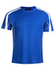 A blue ladies' short-sleeve t-shirt with white accents and a logo on the chest.
