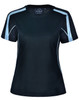 A black ladies' t-shirt with light blue accents and a logo. Short sleeves and a sporty design.