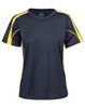A ladies' black and yellow short-sleeve T-shirt with a logo, featuring a sporty design and contrasting side panels.