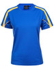 A blue short-sleeve T-shirt with yellow accents and a logo on the chest.