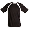A black men's t-shirt featuring white accents on the sleeves, with a logo on the chest area.