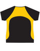 A black and yellow men's T-shirt featuring a contrasting design and a logo.
