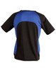 A black and blue men's t-shirt with a sporty design and a logo on the back.