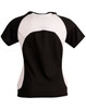 A black and white ladies' T-shirt with a mesh design on the back and short sleeves. It features a logo.