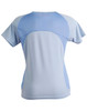 A light blue ladies' tee shirt featuring a mesh back and a logo. The design is sporty and fitted.