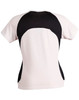 A ladies' tee shirt featuring a black and white design, with a fitted style and short sleeves. Includes a logo.