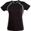 A black ladies' T-shirt with mesh detailing on the sides, featuring a logo on the neckline.