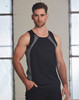 A men's sprint singlet in black with grey detailing, featuring a fitted design and a logo on the front.