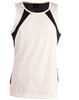 A men's sprint singlet featuring a white body with black side panels and a branded logo at the neckline.