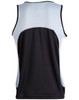 A men's sprint singlet featuring a black body and light blue mesh panels, with a logo on the back.