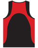 A men's sprint singlet featuring black fabric with red accents and a logo present.