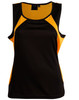 A black and yellow ladies' sprint singlet with a breathable design and a logo on the neckline.