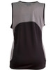 A ladies' sprint singlet featuring a mesh design, predominantly black with grey accents, and a logo on the back.