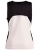A women's singlet featuring a black and white design with a logo present on the garment.