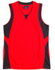 A red and black kids' basketball singlet with a sleeveless design and a branded label on the neckline.