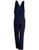 A navy blue cotton drill overall with adjustable straps and multiple pockets, featuring a logo on the front.