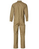 A tan men's cotton drill coverall with a zip closure and pockets, featuring a logo on the back.