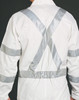 A white coverall with silver reflective accents on the back, featuring cross-patterned straps.