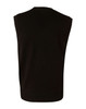 A black V neck wool and acrylic knit vest with a sleeveless design and ribbed hem.
