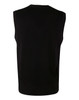 A black V neck wool and acrylic knit vest, featuring a sleeveless design and ribbed bottom hem.
