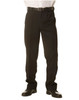 Men's black permanent press pants with a classic fit, featuring a belt and polished black shoes.