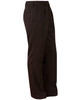 Dark brown permanent press pants with a straight leg and side pockets, featuring a branding logo on the waistband.
