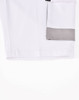 Unisex utility stretch cargo work shorts in white with a grey pocket detail and branding on the waistband.