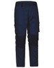 Unisex utility stretch cargo work pants in navy blue with black accents and multiple cargo pockets. Features a logo.
