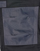 A pair of black cargo work pants featuring a grey utility pocket on the side and a logo on the waistband.