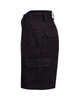 A black heavy cotton drill short with multiple pockets, featuring a side view and a logo.