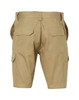 Khaki men's heavy cotton pre-shrunk drill shorts with multiple pockets and a logo on the back.