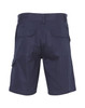 A pair of navy blue heavy cotton drill shorts with multiple pockets and a logo on the back.