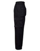 Black cargo pants featuring drill pant pockets on the leg, designed in a stout fit, viewed from the side.