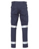 Navy work pants featuring multiple leg pockets and reflective strips for visibility, with a logo on the back.