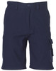 A pair of navy blue cargo shorts featuring side pockets and a button closure, with a logo on the waistband.