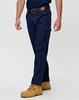 Lightweight semi-fitted work pants in navy blue with pockets, paired with tan work boots and a brown belt.