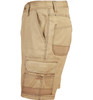 Light weight semi-fitted cargo shorts in khaki, featuring multiple pockets and a logo on the fabric.