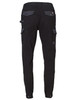 A pair of black work pants featuring grey accents and multiple pockets, with a logo on the waistband.