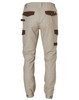 Beige workwear pants featuring brown accents and multiple pockets, with a logo on the back.