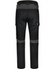 Black work pants with grey accents, featuring cargo pockets and a logo. Ideal for durability and comfort in workwear.