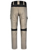 Work pants in tan and black with multiple pockets and a logo, featuring a modern fit design.