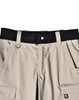 Rip-stop poly/cotton stretch work pants in beige with a black waistband and multiple pockets, featuring a logo.