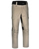 A pair of beige work pants featuring pockets and black accents, with a branding logo. Designed for durability and comfort.