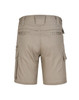 Beige unisex cotton stretch ripstop work shorts with cargo pockets and a logo on the back.